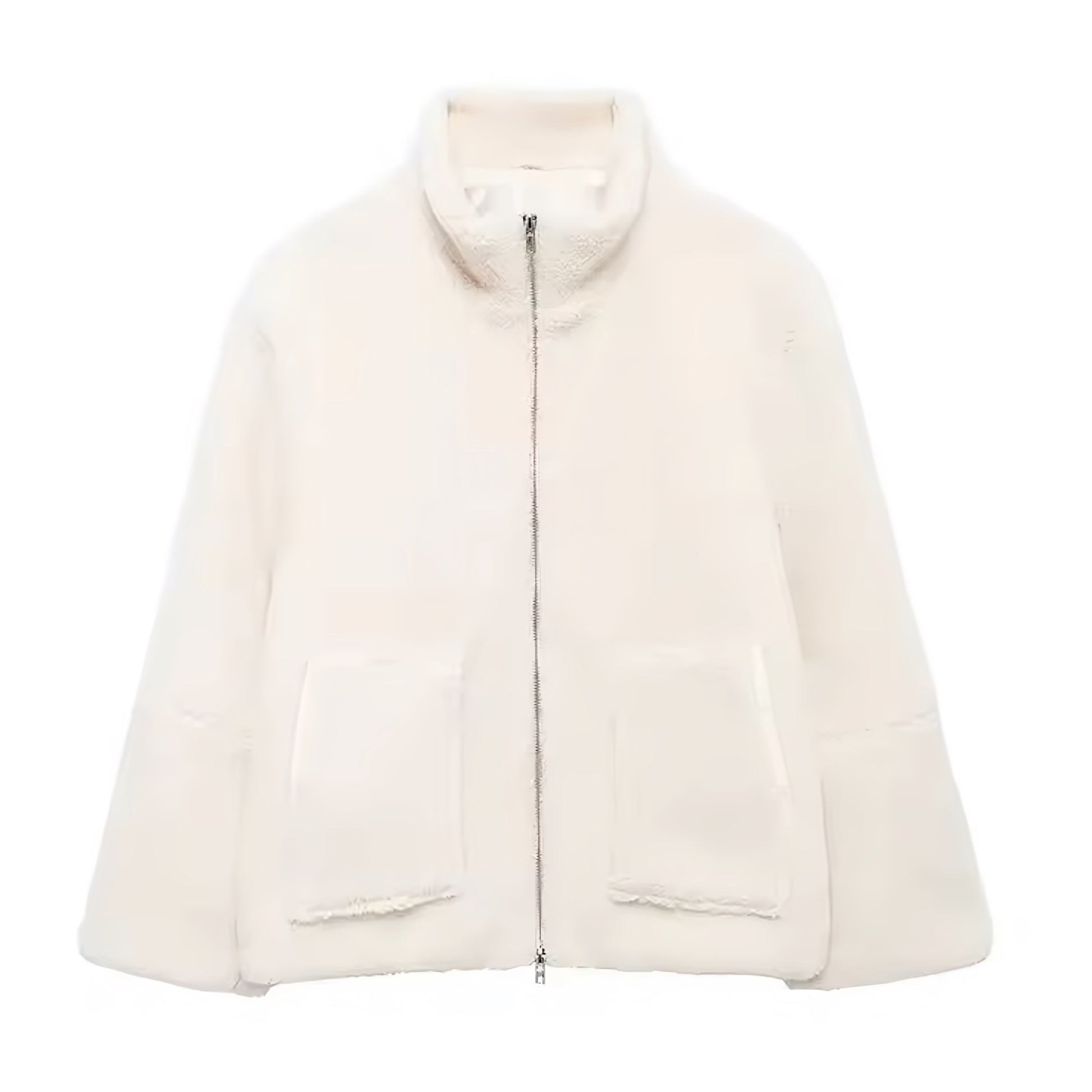 Cream white faux fur sherpa fleece zip-up long sleeve turtleneck oversized jacket for women and teens, fuzzy soft cozy warm thick luxury coat with mock neck round neckline, elegant feminine trendy Y2K chic casual vintage fashionable outerwear for fall autumn winter 2025, Scandinavian Copenhagen streetwear and old money style après ski ski trip snow day outfit, with global worldwide shipping to US UK Canada Australia Europe and Asia.