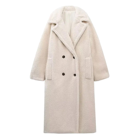 Cream white faux fur sherpa long sleeve trench coat jacket for women and teens, satin lined fuzzy soft cozy warm thick luxury woolen oversized fur coat with collared v-neck split neck, elegant feminine trendy Y2K chic fashionable outerwear for fall autumn winter 2025, Scandinavian Copenhagen streetwear and old money style après ski ski trip snow day outfit, with global worldwide shipping to US UK Canada Australia Europe and Asia.