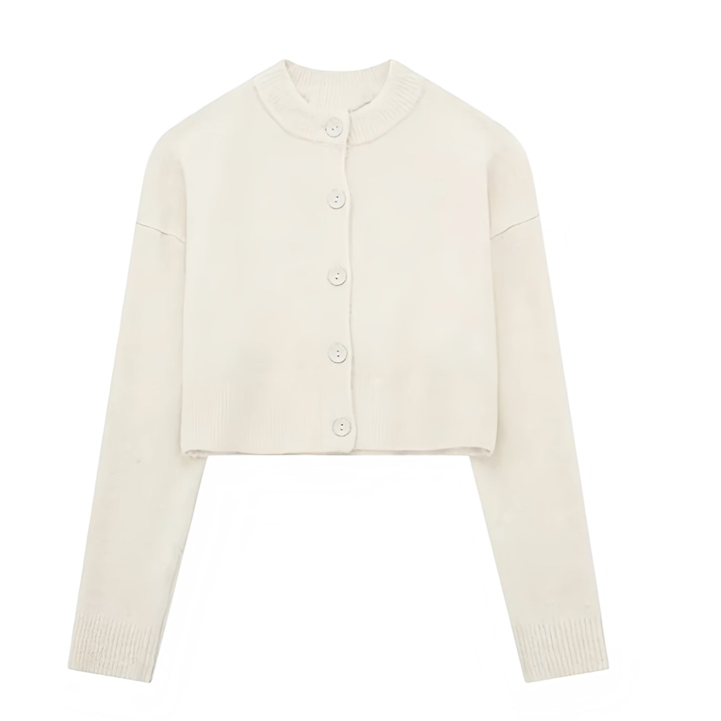 Cream white knit button-down long sleeve cropped cardigan sweater for women and teens, off-white woolen chunky knit jumper with fuzzy soft cozy warm texture, elegant feminine trendy chic casual preppy streetwear knitwear for fall autumn winter 2025, Zara dupe and Aritzia-inspired minimalist Scandinavian sweater with global worldwide shipping to US UK Canada Europe Australia Asia from Dazey Hill.