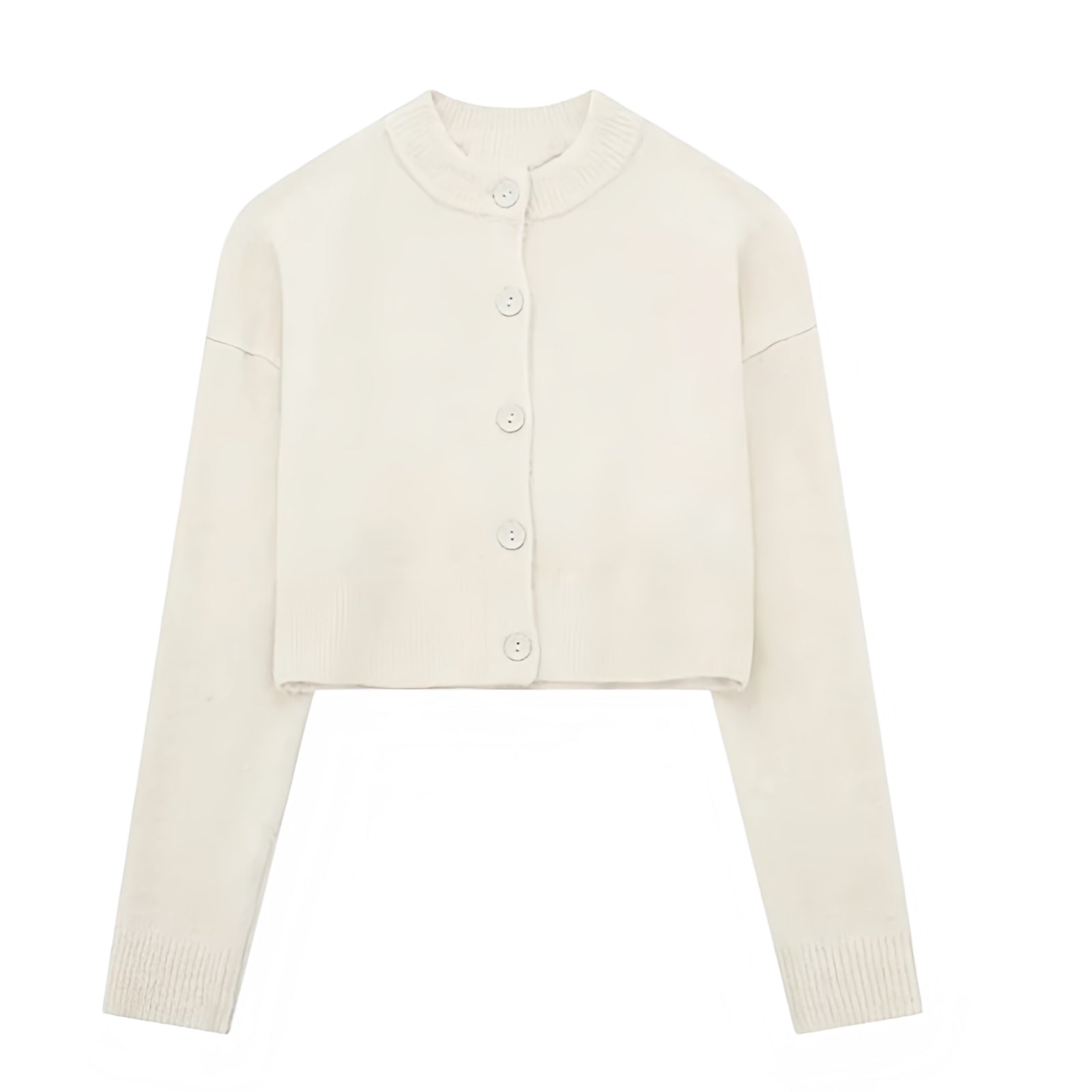 Cream white knit button-down long sleeve cropped cardigan sweater for women and teens, off-white woolen chunky knit jumper with fuzzy soft cozy warm texture, elegant feminine trendy chic casual preppy streetwear knitwear for fall autumn winter 2025, Zara dupe and Aritzia-inspired minimalist Scandinavian sweater with global worldwide shipping to US UK Canada Europe Australia Asia from Dazey Hill.