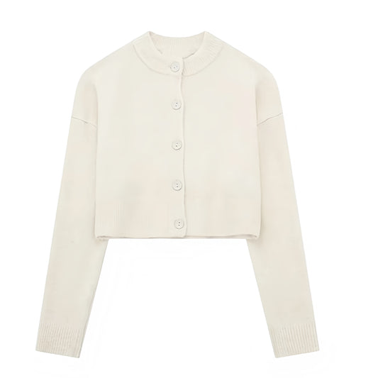 Cream white knit button-down long sleeve cropped cardigan sweater for women and teens, off-white woolen chunky knit jumper with fuzzy soft cozy warm texture, elegant feminine trendy chic casual preppy streetwear knitwear for fall autumn winter 2025, Zara dupe and Aritzia-inspired minimalist Scandinavian sweater with global worldwide shipping to US UK Canada Europe Australia Asia from Dazey Hill.