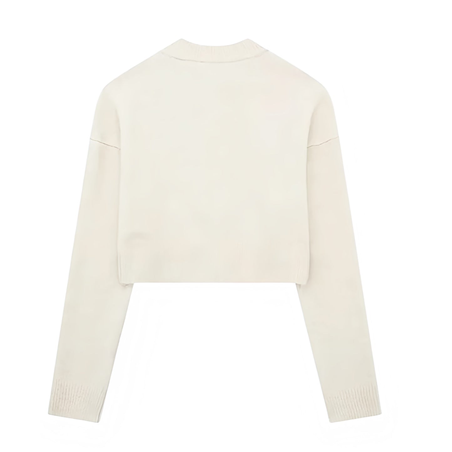 Cream white knit button-down long sleeve cropped cardigan sweater for women and teens, off-white woolen chunky knit jumper with fuzzy soft cozy warm texture, elegant feminine trendy chic casual preppy streetwear knitwear for fall autumn winter 2025, Zara dupe and Aritzia-inspired minimalist Scandinavian sweater with global worldwide shipping to US UK Canada Europe Australia Asia from Dazey Hill.