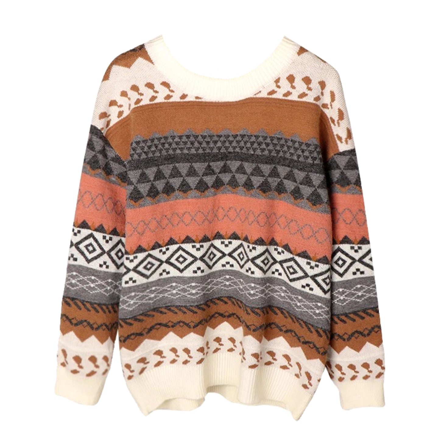 Cream white knit geometric oversized pullover sweater with off white, beige, grey, caramel brown, and orange autumnal tones featuring Nordic Fair Isle patterns, diamond motifs, triangle designs, and Scandinavian line work. Cozy soft warm chunky knit long sleeve crewneck relaxed-fit jumper for women and teens. Vintage retro boho chic knitwear ideal for holiday season, Christmas outfits, ski trips, and everyday casual winter looks. Global worldwide shipping available.

