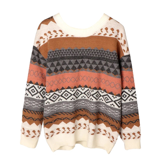Cream white knit geometric oversized pullover sweater with off white, beige, grey, caramel brown, and orange autumnal tones featuring Nordic Fair Isle patterns, diamond motifs, triangle designs, and Scandinavian line work. Cozy soft warm chunky knit long sleeve crewneck relaxed-fit jumper for women and teens. Vintage retro boho chic knitwear ideal for holiday season, Christmas outfits, ski trips, and everyday casual winter looks. Global worldwide shipping available.

