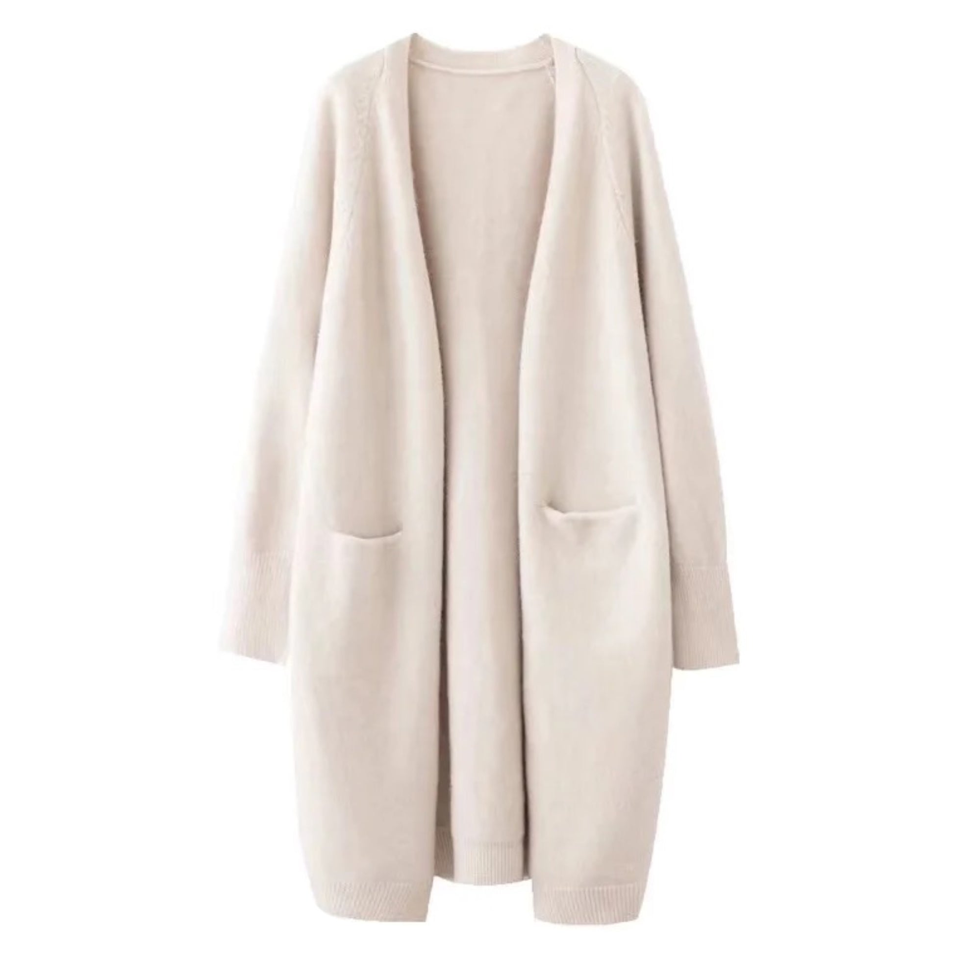 Beige Knit Oversized Long Sleeve Full Length Cardigan Sweater Shall for women and teens. Soft, cozy, and thick chunky knit design with a relaxed, loose fit and long sleeves. Elegant, neutral-toned woolen knitwear coat perfect for fall, autumn, and winter outfits. Minimalist, chic, and Scandinavian-inspired fashion cardigan. Ships globally and worldwide to the US, UK, Canada, Australia, Europe, and Asia.