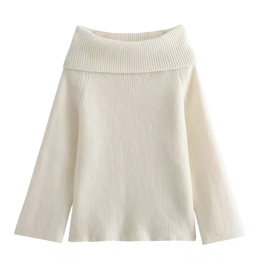 Cream White Knit Oversized Off-Shoulder Long Sleeve Pullover Sweater for women and teens. Soft, cozy, warm, ribbed knitwear with relaxed fit and elegant square neckline design. Trendy off-white, ivory, and cream chunky knit jumper perfect for fall, winter, and holiday outfits. Feminine soft girl, clean girl, and Scandinavian street-style aesthetic. Ships globally and worldwide to US, UK, Canada, Australia, Europe, Asia, and more.
