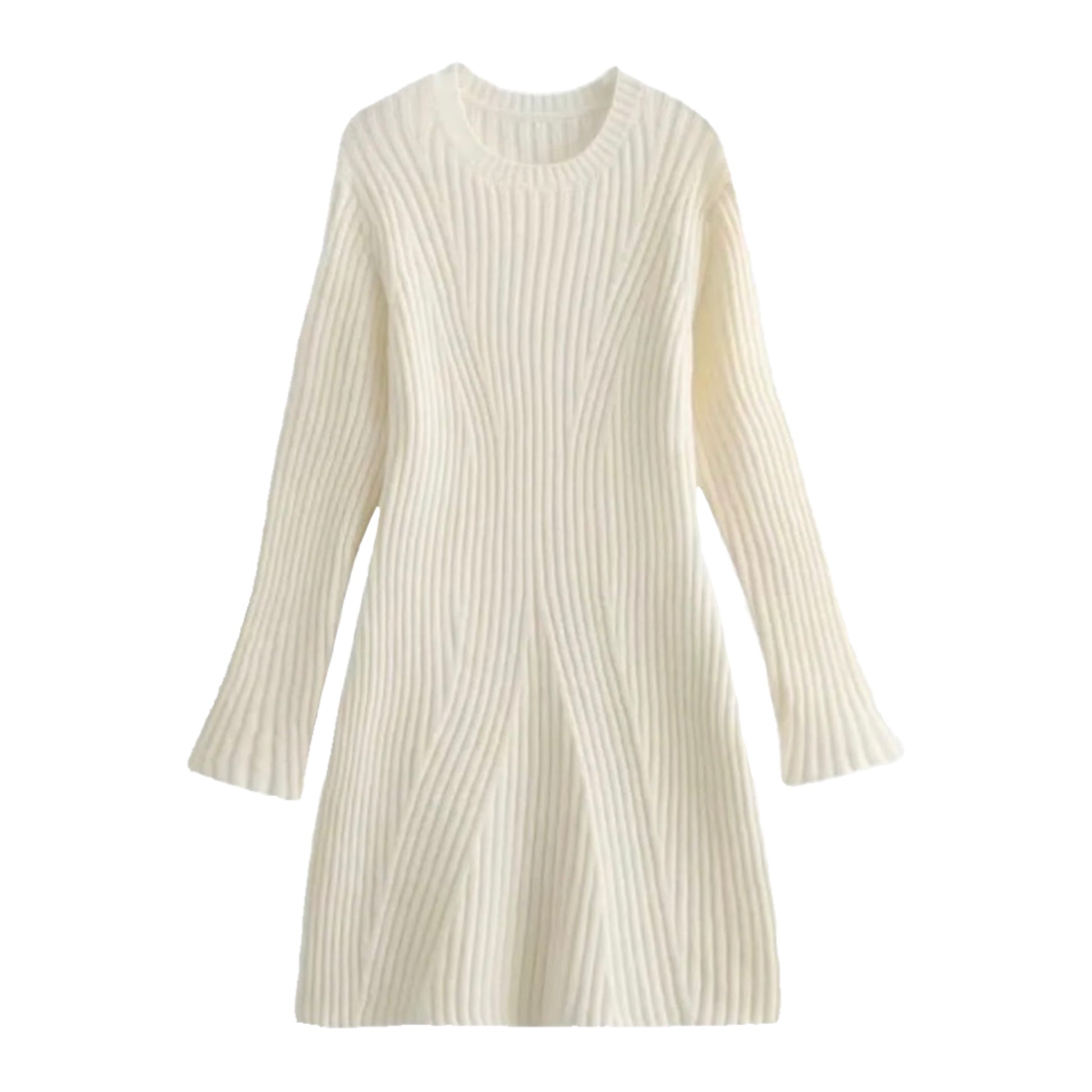 Cream white off white beige ribbed knit bodycon mini sweater dress with long sleeves, slim fit silhouette, soft cozy lightweight knitted fabric, crewneck round neckline, and minimalist feminine design. Elegant winter 2025 fashion for women and teens, perfect for holiday parties, Christmas outfits, everyday casual wear, night out, and seasonal classic chic styling. Worldwide global shipping available to US, Australia, New Zealand, UK, Canada, Europe, Asia, and more.

