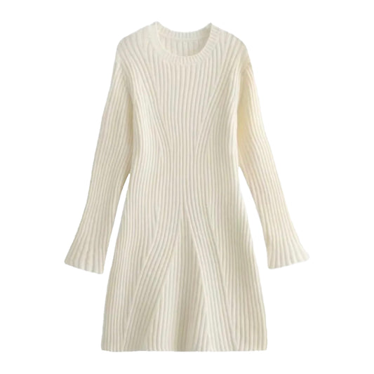 Cream white off white beige ribbed knit bodycon mini sweater dress with long sleeves, slim fit silhouette, soft cozy lightweight knitted fabric, crewneck round neckline, and minimalist feminine design. Elegant winter 2025 fashion for women and teens, perfect for holiday parties, Christmas outfits, everyday casual wear, night out, and seasonal classic chic styling. Worldwide global shipping available to US, Australia, New Zealand, UK, Canada, Europe, Asia, and more.

