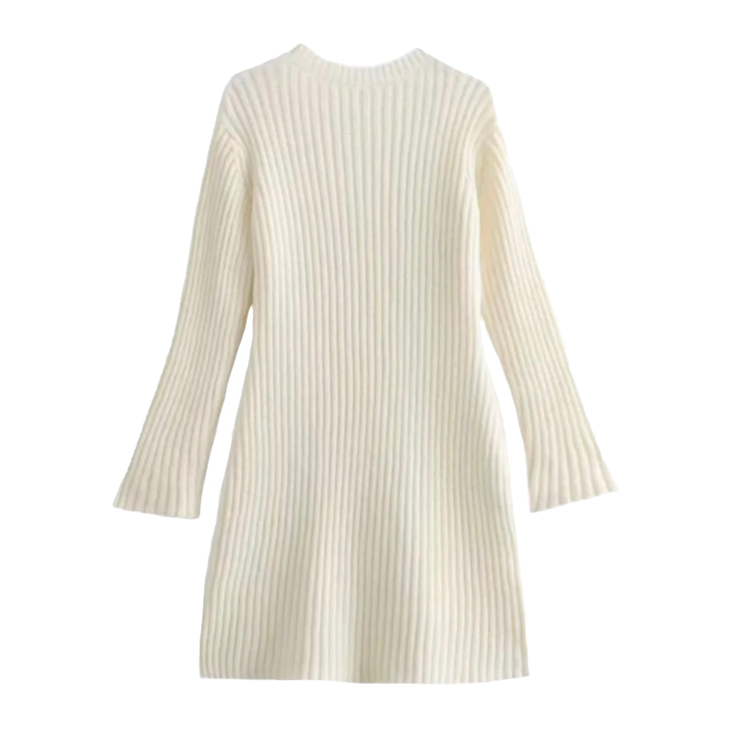 Cream white off white beige ribbed knit bodycon mini sweater dress with long sleeves, slim fit silhouette, soft cozy lightweight knitted fabric, crewneck round neckline, and minimalist feminine design. Elegant winter 2025 fashion for women and teens, perfect for holiday parties, Christmas outfits, everyday casual wear, night out, and seasonal classic chic styling. Worldwide global shipping available to US, Australia, New Zealand, UK, Canada, Europe, Asia, and more.

