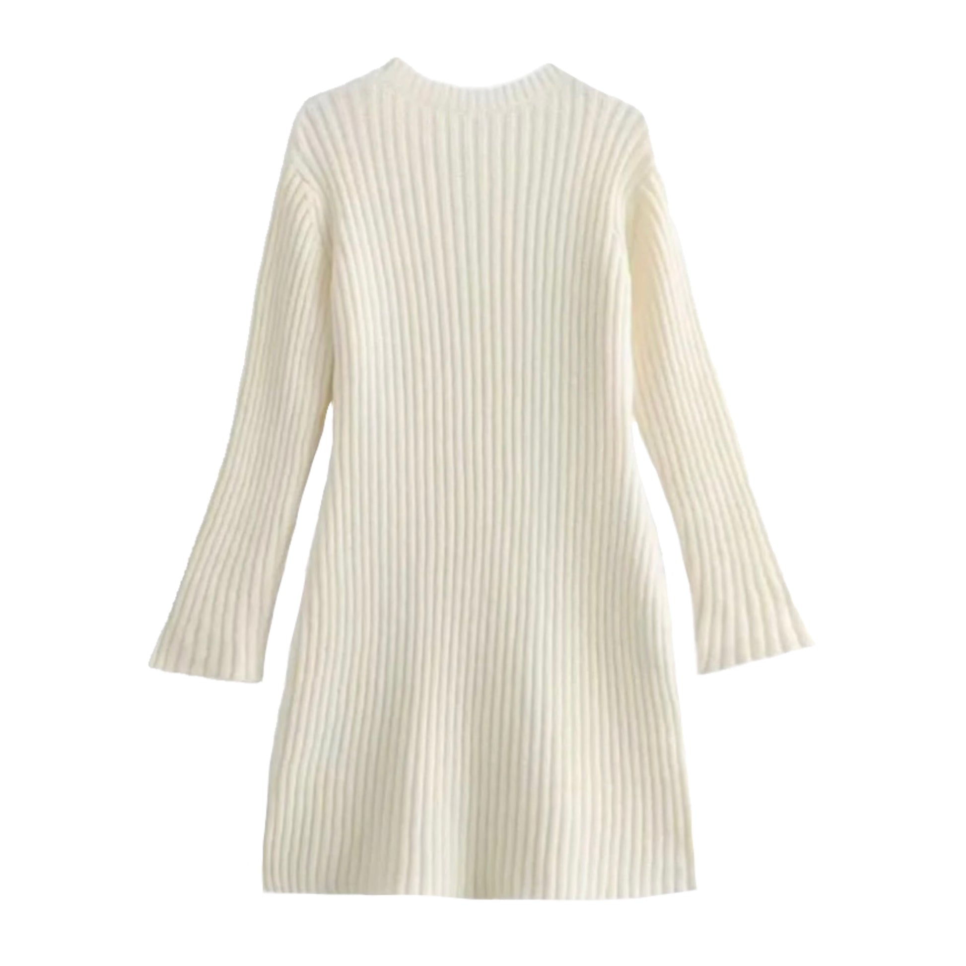Cream white off white beige ribbed knit bodycon mini sweater dress with long sleeves, slim fit silhouette, soft cozy lightweight knitted fabric, crewneck round neckline, and minimalist feminine design. Elegant winter 2025 fashion for women and teens, perfect for holiday parties, Christmas outfits, everyday casual wear, night out, and seasonal classic chic styling. Worldwide global shipping available to US, Australia, New Zealand, UK, Canada, Europe, Asia, and more.

