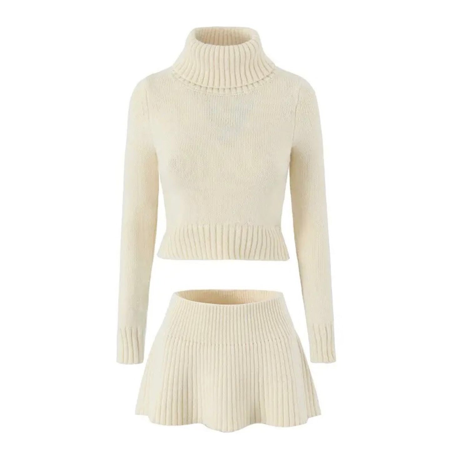 Cream White Knit Ribbed Slim Fit Turtleneck Long Sleeve Sweater & Mini Skirt 2 Piece Set for women and teens. Soft, cozy, and elegant knitwear matching set with a cropped slim-fit sweater and high-waisted mini skirt. Chic, feminine, and trendy outfit for fall, autumn, and winter 2025. Ships globally and worldwide to the US, UK, Canada, Australia, Europe, and Asia.