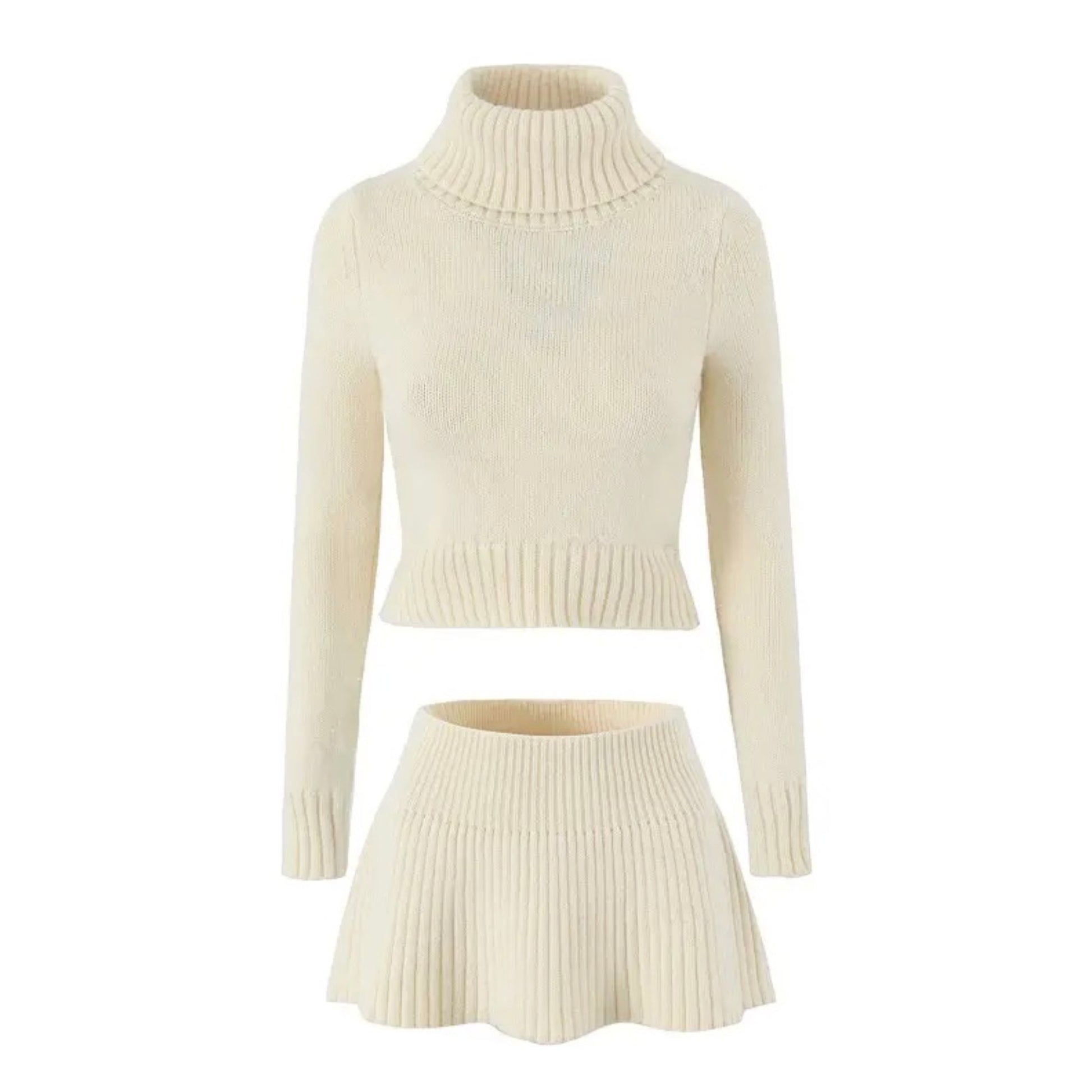 Cream White Knit Ribbed Slim Fit Turtleneck Long Sleeve Sweater & Mini Skirt 2 Piece Set for women and teens. Soft, cozy, and elegant knitwear matching set with a cropped slim-fit sweater and high-waisted mini skirt. Chic, feminine, and trendy outfit for fall, autumn, and winter 2025. Ships globally and worldwide to the US, UK, Canada, Australia, Europe, and Asia.