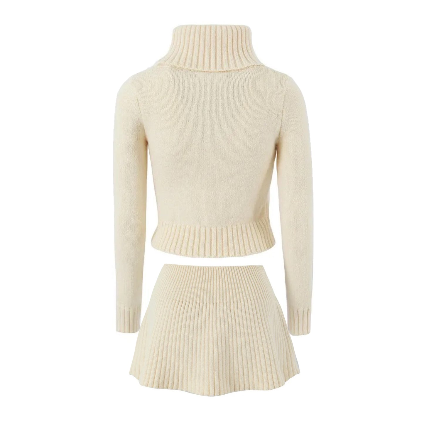 Cream White Knit Ribbed Slim Fit Turtleneck Long Sleeve Sweater & Mini Skirt 2 Piece Set for women and teens. Soft, cozy, and elegant knitwear matching set with a cropped slim-fit sweater and high-waisted mini skirt. Chic, feminine, and trendy outfit for fall, autumn, and winter 2025. Ships globally and worldwide to the US, UK, Canada, Australia, Europe, and Asia.