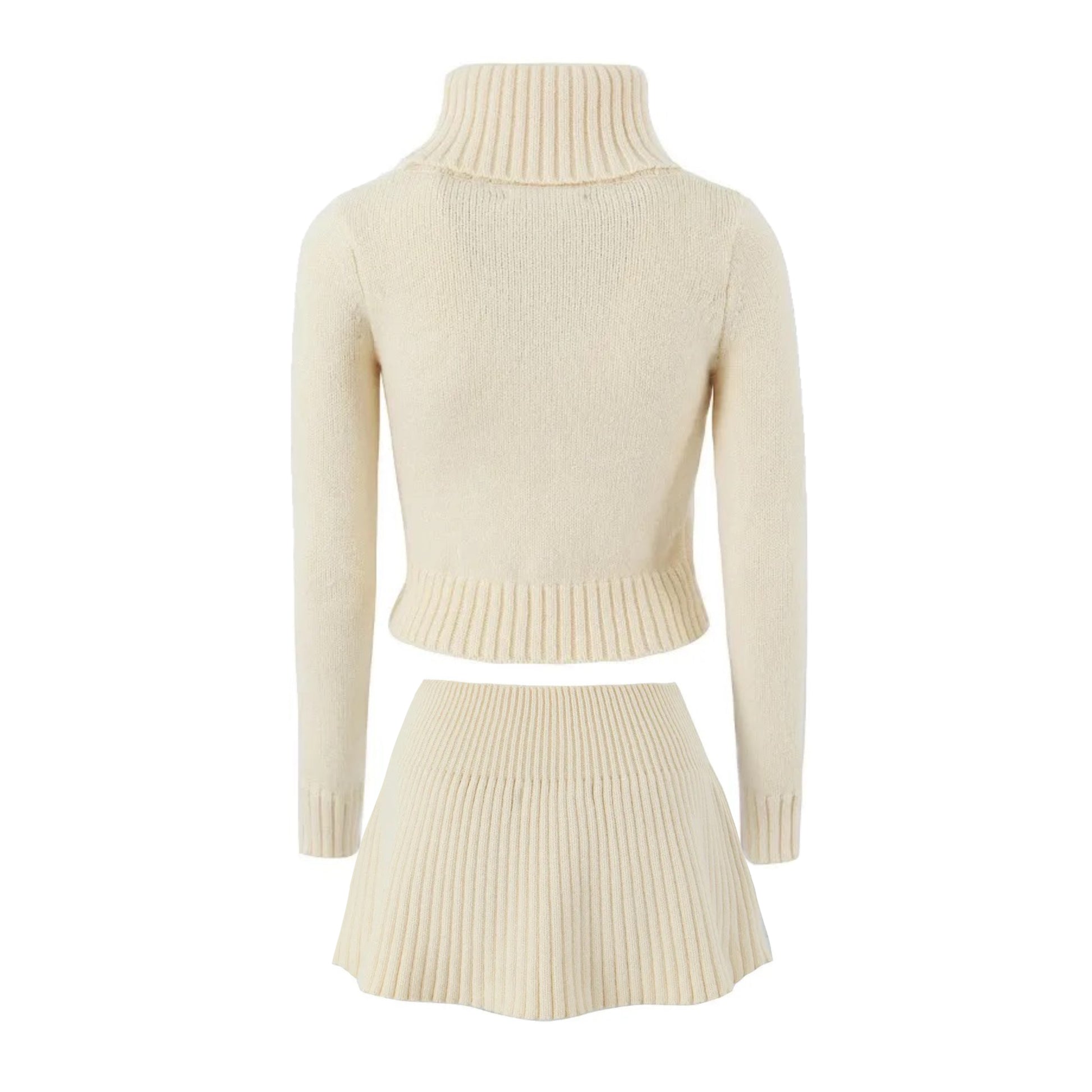 Cream White Knit Ribbed Slim Fit Turtleneck Long Sleeve Sweater & Mini Skirt 2 Piece Set for women and teens. Soft, cozy, and elegant knitwear matching set with a cropped slim-fit sweater and high-waisted mini skirt. Chic, feminine, and trendy outfit for fall, autumn, and winter 2025. Ships globally and worldwide to the US, UK, Canada, Australia, Europe, and Asia.