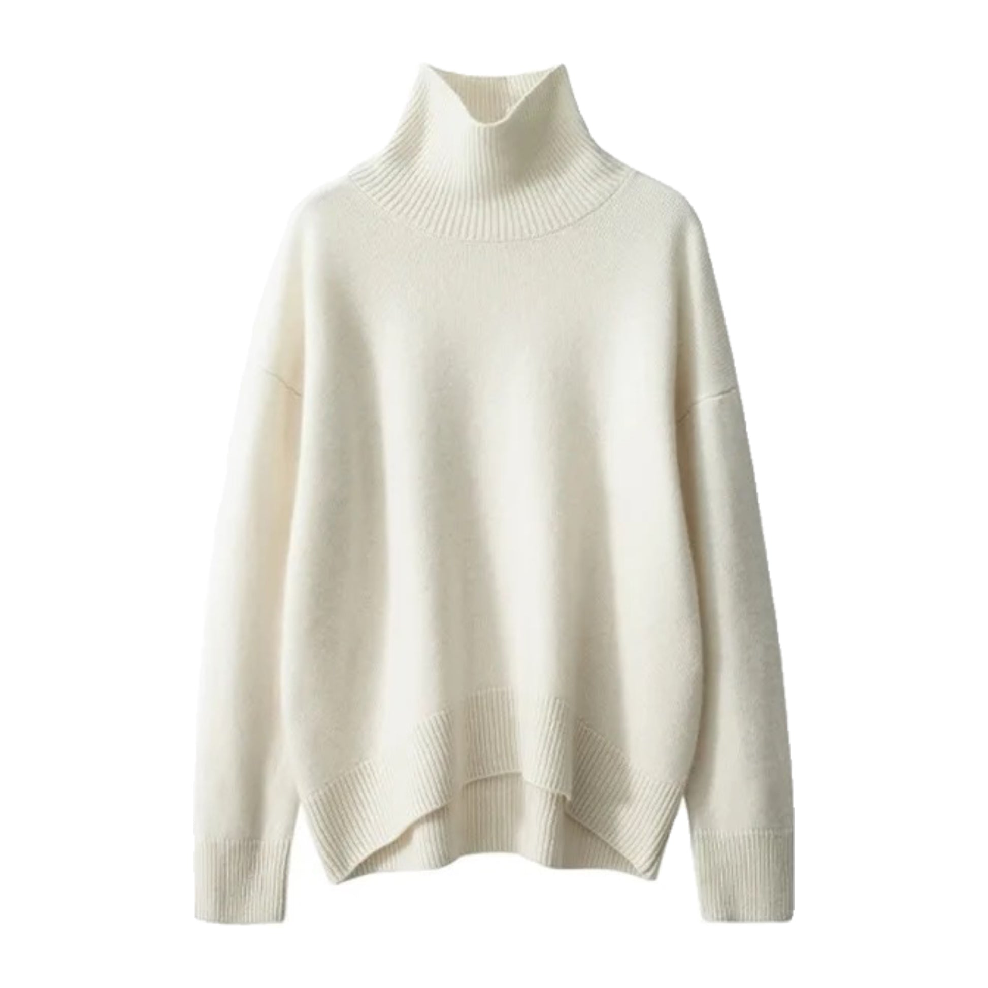 Cream White Knit Woolen Oversized Long Sleeve Turtleneck Pullover Sweater for women and teens. Soft, cozy, and warm ribbed knitwear with a thick texture and relaxed fit. Elegant off-white, ivory, and cream sweater perfect for fall, winter, and holiday outfits. Feminine, stylish, and Scandinavian-inspired knit jumper. Ships globally and worldwide to the US, UK, Canada, Australia, Europe, Asia, and more.