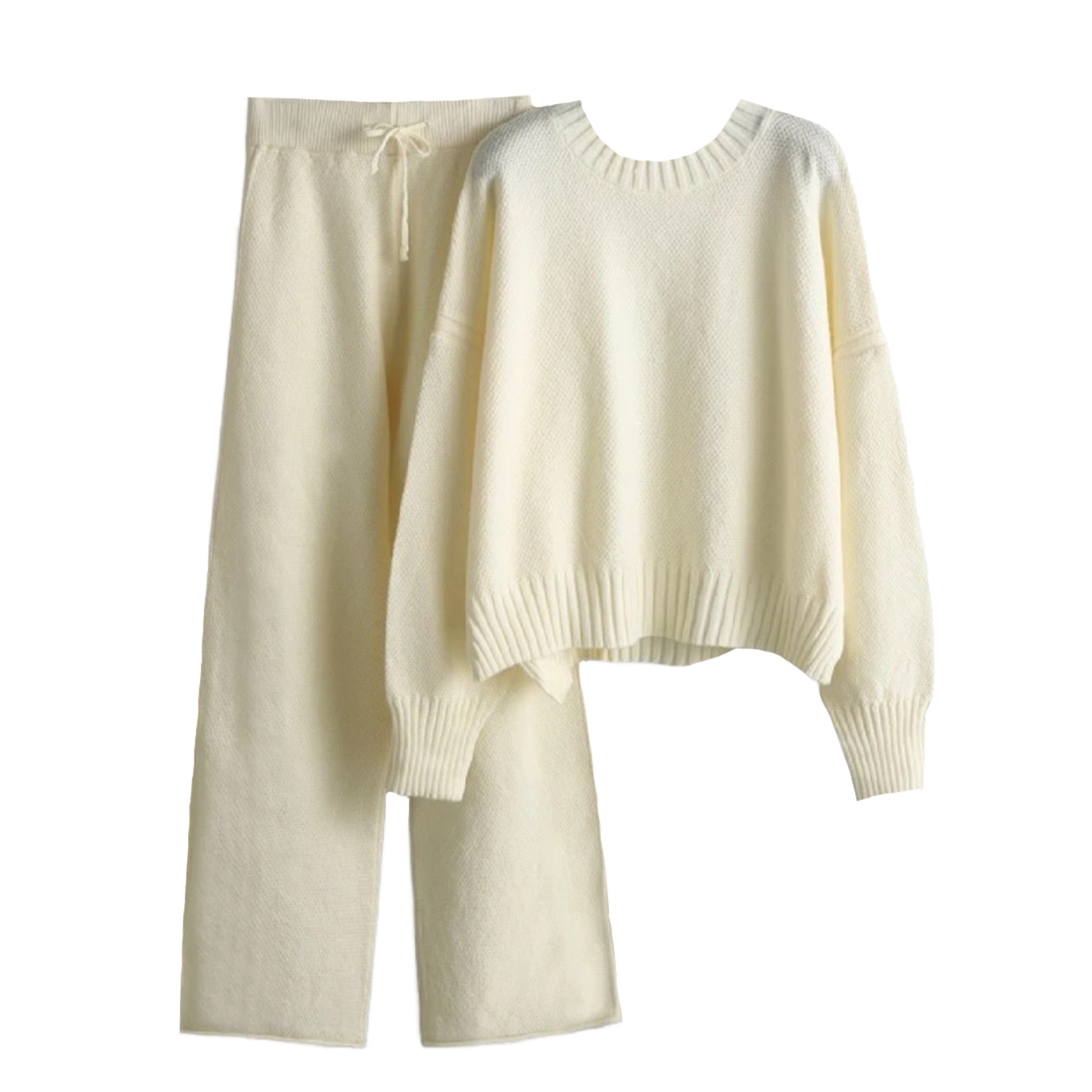 Cream White Knitted Long Sleeve Pullover Sweater & Pants 2 Piece Set for women and teens. Soft, cozy, and warm knitwear outfit with a relaxed fit crewneck sweater and high-waisted wide-leg knit pants. Elegant, chic, and neutral matching loungewear set for fall, autumn, and winter 2025 fashion. Ships globally and worldwide to the US, UK, Canada, Australia, Europe, and Asia.