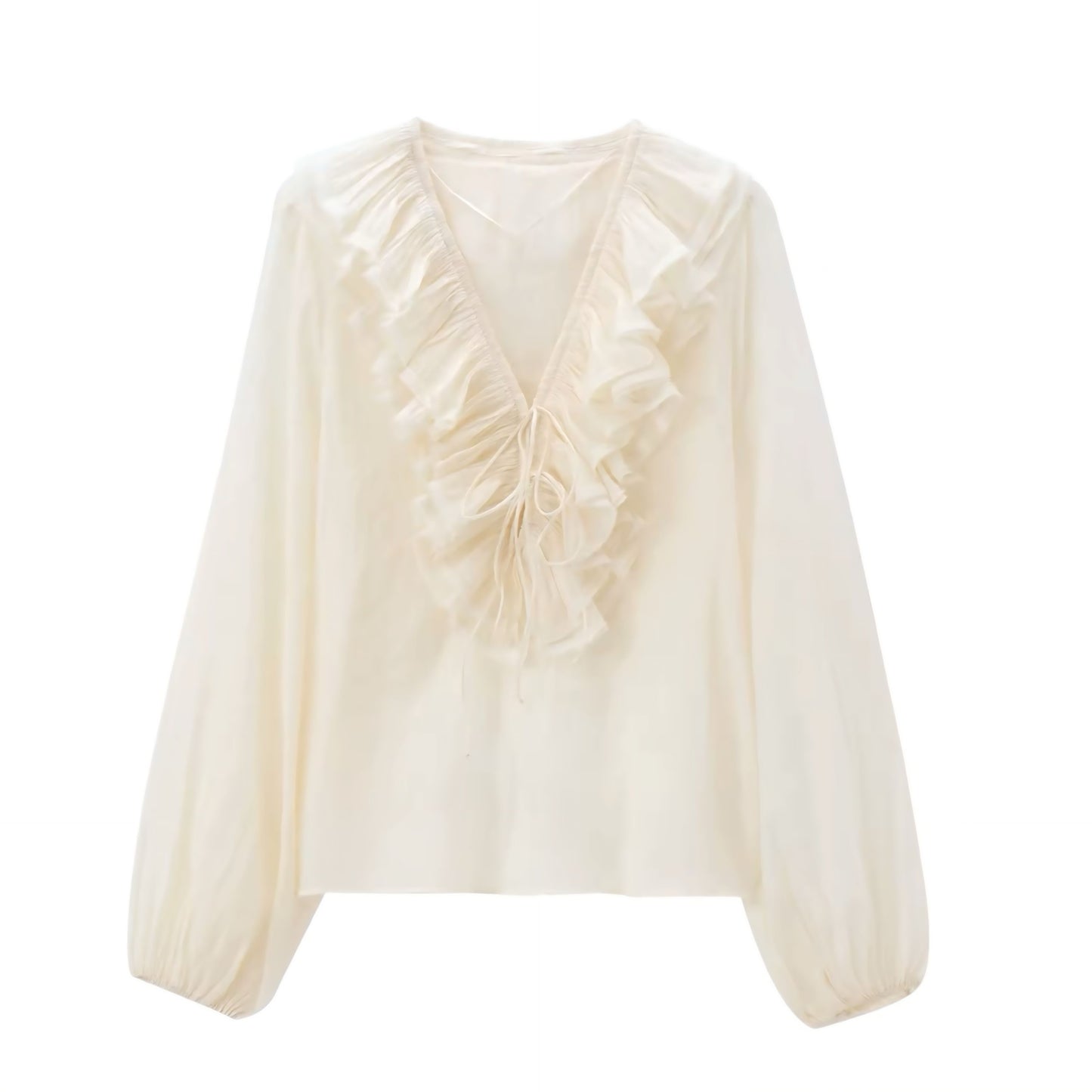 Cream white layered ruffle trim V-neck bohemian long sleeve blouse top for women, teens, and ladies. Off white beige linen slim fit sheath-style blouse with feminine ruffle detailing, crop cut, chic silhouette, and elegant everyday design. Perfect for 2025 summer and fall fashion, everyday casual outfits, evening looks, festivals, concerts, Euro summer, Ibiza style, beach vacations, boho chic, Stockholm streetwear, retro western flair, preppy Hamptons style, and Nantucket coastal fashion. Ships worldwide