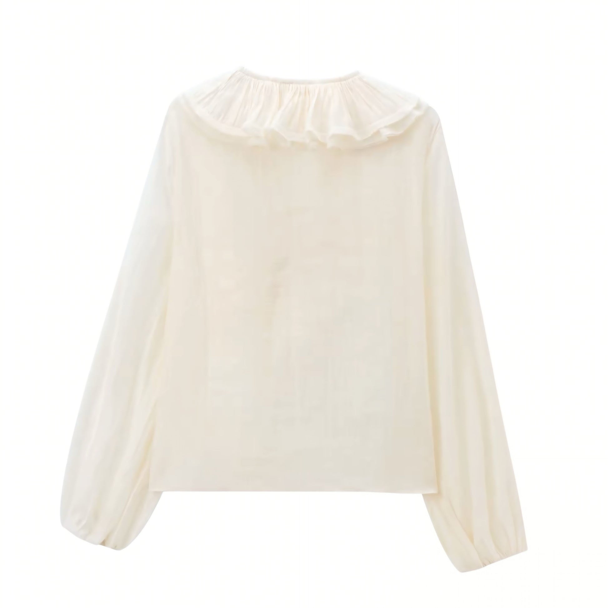Cream white layered ruffle trim V-neck bohemian long sleeve blouse top for women, teens, and ladies. Off white beige linen slim fit sheath-style blouse with feminine ruffle detailing, crop cut, chic silhouette, and elegant everyday design. Perfect for 2025 summer and fall fashion, everyday casual outfits, evening looks, festivals, concerts, Euro summer, Ibiza style, beach vacations, boho chic, Stockholm streetwear, retro western flair, preppy Hamptons style, and Nantucket coastal fashion. Ships worldwide