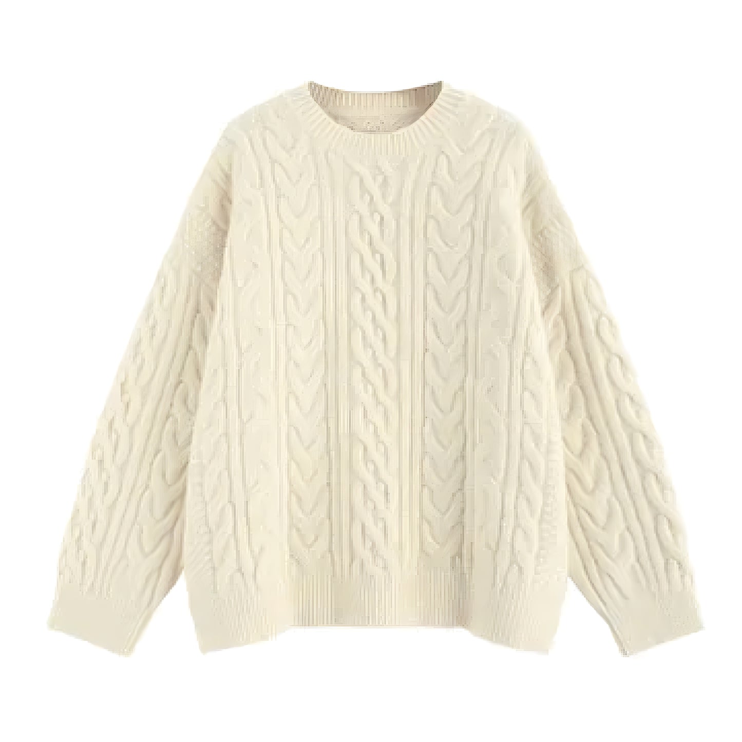 Cream white oversized cable knit long sleeve crewneck pullover sweater for women and teens, soft cozy chunky knit jumper with round neckline and relaxed baggy fit, elegant feminine warm knitwear for fall autumn winter 2025, Scandinavian and old-money inspired Zara and Aritzia dupe style, perfect for après ski, snow trip, ski outfit, preppy and clean girl fashion, ships globally worldwide to US, UK, Canada, Europe, Australia, and Asia.