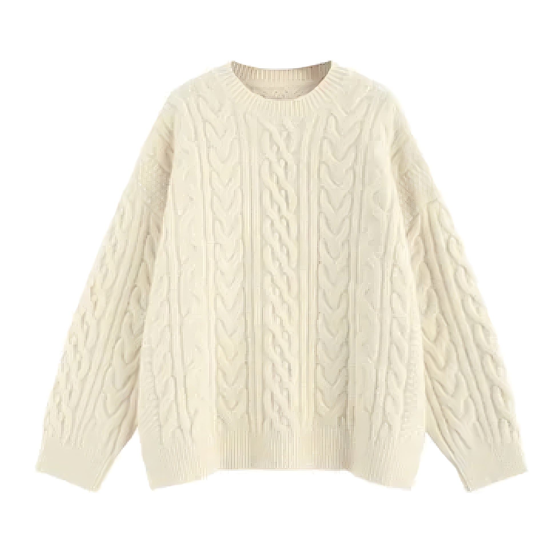 Cream white oversized cable knit long sleeve crewneck pullover sweater for women and teens, soft cozy chunky knit jumper with round neckline and relaxed baggy fit, elegant feminine warm knitwear for fall autumn winter 2025, Scandinavian and old-money inspired Zara and Aritzia dupe style, perfect for après ski, snow trip, ski outfit, preppy and clean girl fashion, ships globally worldwide to US, UK, Canada, Europe, Australia, and Asia.