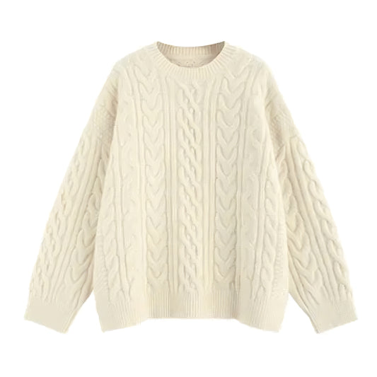 Cream white oversized cable knit long sleeve crewneck pullover sweater for women and teens, soft cozy chunky knit jumper with round neckline and relaxed baggy fit, elegant feminine warm knitwear for fall autumn winter 2025, Scandinavian and old-money inspired Zara and Aritzia dupe style, perfect for après ski, snow trip, ski outfit, preppy and clean girl fashion, ships globally worldwide to US, UK, Canada, Europe, Australia, and Asia.