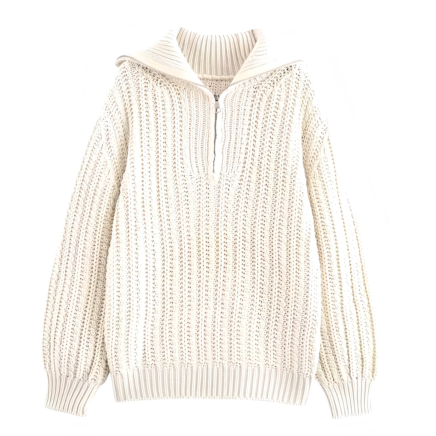 Cream white oversized cable knit quarter-zip pullover sweater for women and teens, soft warm ribbed knit with collared neckline and silver zipper, chunky textured knitwear perfect for fall autumn winter 2025, Scandinavian chic clean girl aesthetic, elegant cozy minimalist fashion Zara and Aritzia dupe sweater shipping globally worldwide to US, UK, Canada, Europe, Australia, and Asia.