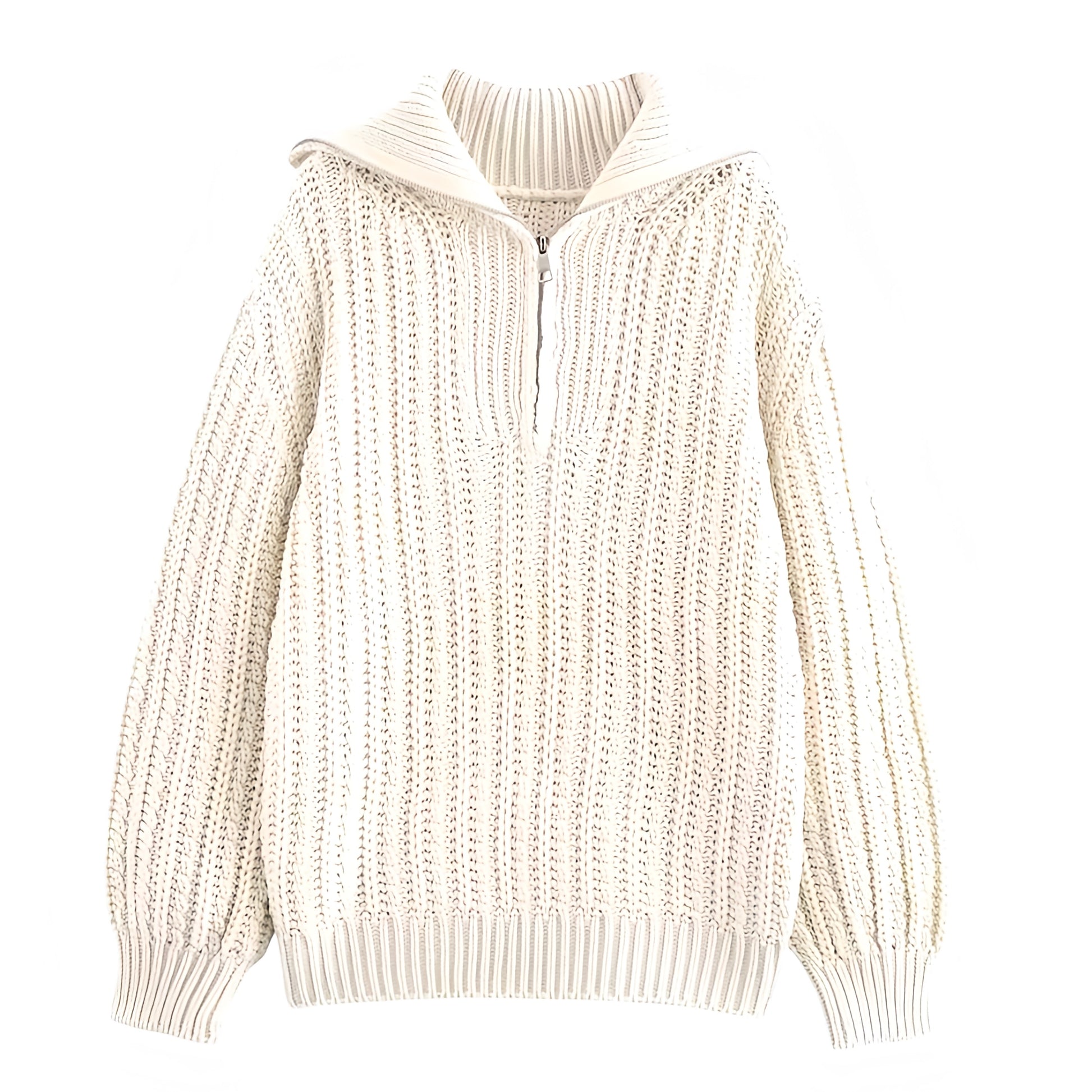 Cream white oversized cable knit quarter-zip pullover sweater for women and teens, soft warm ribbed knit with collared neckline and silver zipper, chunky textured knitwear perfect for fall autumn winter 2025, Scandinavian chic clean girl aesthetic, elegant cozy minimalist fashion Zara and Aritzia dupe sweater shipping globally worldwide to US, UK, Canada, Europe, Australia, and Asia.