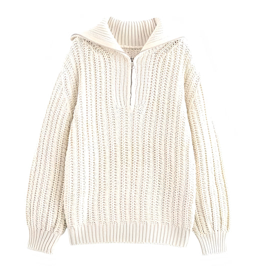 Cream white oversized cable knit quarter-zip pullover sweater for women and teens, soft warm ribbed knit with collared neckline and silver zipper, chunky textured knitwear perfect for fall autumn winter 2025, Scandinavian chic clean girl aesthetic, elegant cozy minimalist fashion Zara and Aritzia dupe sweater shipping globally worldwide to US, UK, Canada, Europe, Australia, and Asia.