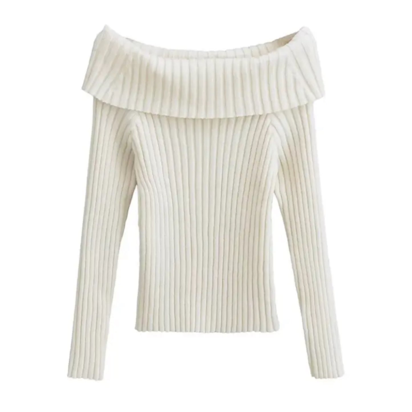 Cream White Ribbed Knit Off-Shoulder Long Sleeve Pullover Sweater for women and teens. Soft, cozy, and lightweight knitwear with slim fit, elegant off-shoulder neckline, and flattering ribbed texture. Chic ivory, off-white, and cream bodycon sweater perfect for fall, winter, and holiday fashion. Feminine Scandinavian, soft girl, clean girl, and coquette aesthetic. Ships globally and worldwide to the US, UK, Australia, Canada, Europe, Asia, and more.