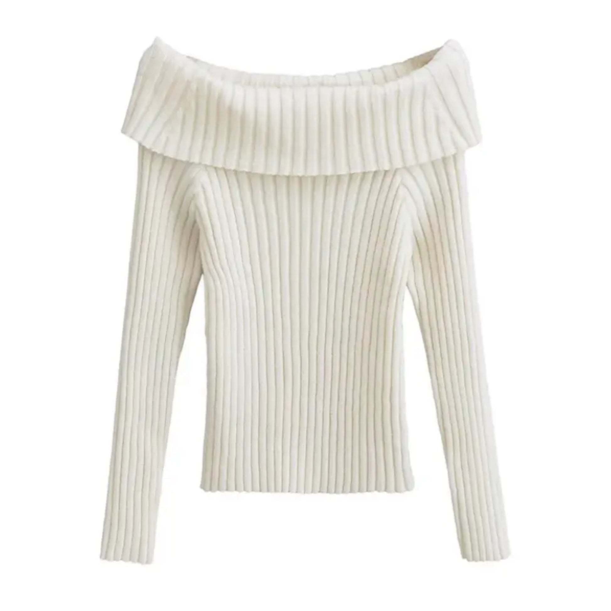 Cream White Ribbed Knit Off-Shoulder Long Sleeve Pullover Sweater for women and teens. Soft, cozy, and lightweight knitwear with slim fit, elegant off-shoulder neckline, and flattering ribbed texture. Chic ivory, off-white, and cream bodycon sweater perfect for fall, winter, and holiday fashion. Feminine Scandinavian, soft girl, clean girl, and coquette aesthetic. Ships globally and worldwide to the US, UK, Australia, Canada, Europe, Asia, and more.