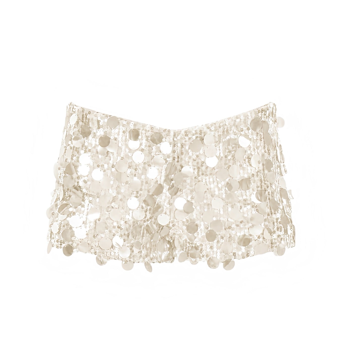Cream white sequin embellished low-rise micro shorts in cream white, off white and pearl white with sparkly, shimmery, glittery, sequined and beaded detailing. Slim fit bodycon skinny fit low-rise low-waisted short shorts, micro shorts, mini shorts and hot pants for women, teens and ladies. Perfect for Y2K style, 2000s fashion, party outfits, night out outfits, club wear, disco outfits, rave shorts, festival outfits, concert outfits, Ibiza style, baddie outfits, star girl aesthetic, mermaidcore.