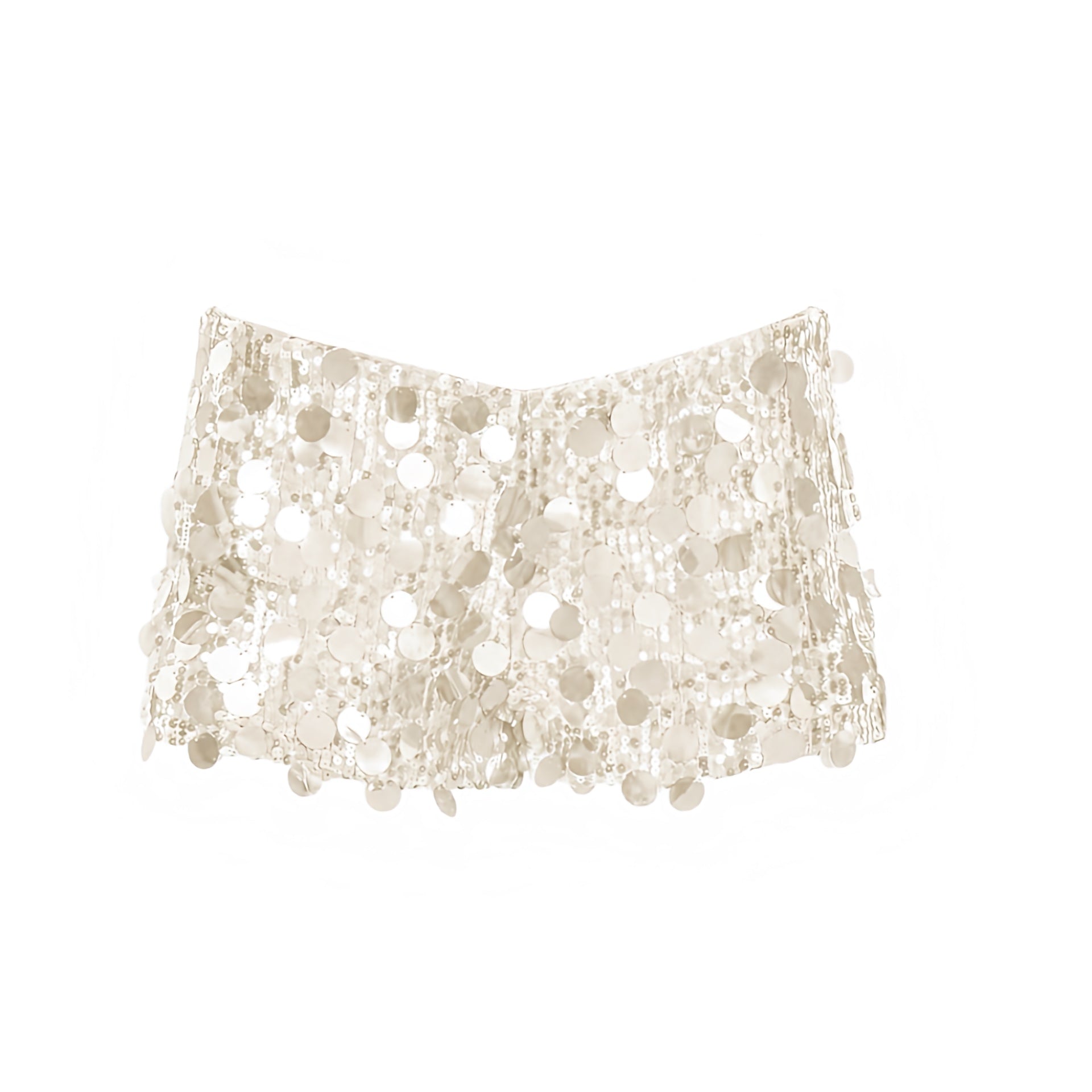 Cream white sequin embellished low-rise micro shorts in cream white, off white and pearl white with sparkly, shimmery, glittery, sequined and beaded detailing. Slim fit bodycon skinny fit low-rise low-waisted short shorts, micro shorts, mini shorts and hot pants for women, teens and ladies. Perfect for Y2K style, 2000s fashion, party outfits, night out outfits, club wear, disco outfits, rave shorts, festival outfits, concert outfits, Ibiza style, baddie outfits, star girl aesthetic, mermaidcore.