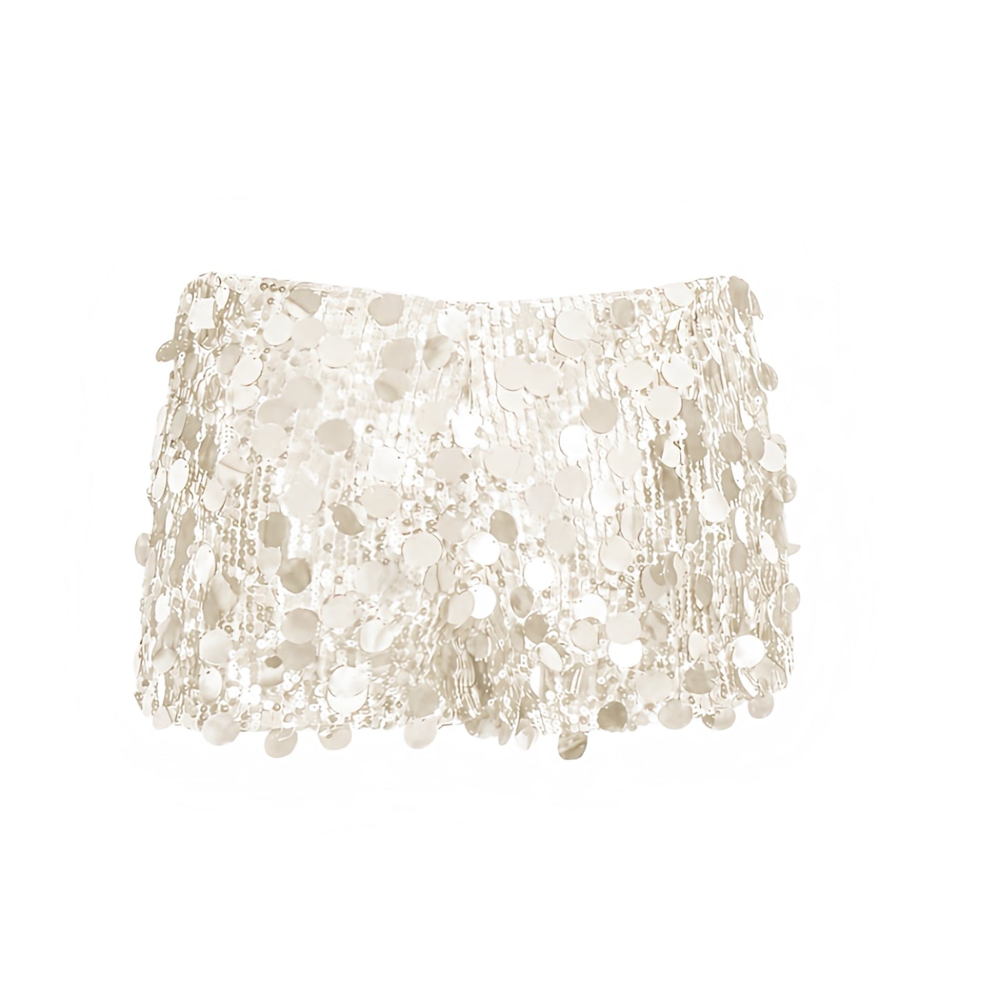 Cream white sequin embellished low-rise micro shorts in cream white, off white and pearl white with sparkly, shimmery, glittery, sequined and beaded detailing. Slim fit bodycon skinny fit low-rise low-waisted short shorts, micro shorts, mini shorts and hot pants for women, teens and ladies. Perfect for Y2K style, 2000s fashion, party outfits, night out outfits, club wear, disco outfits, rave shorts, festival outfits, concert outfits, Ibiza style, baddie outfits, star girl aesthetic, mermaidcore.