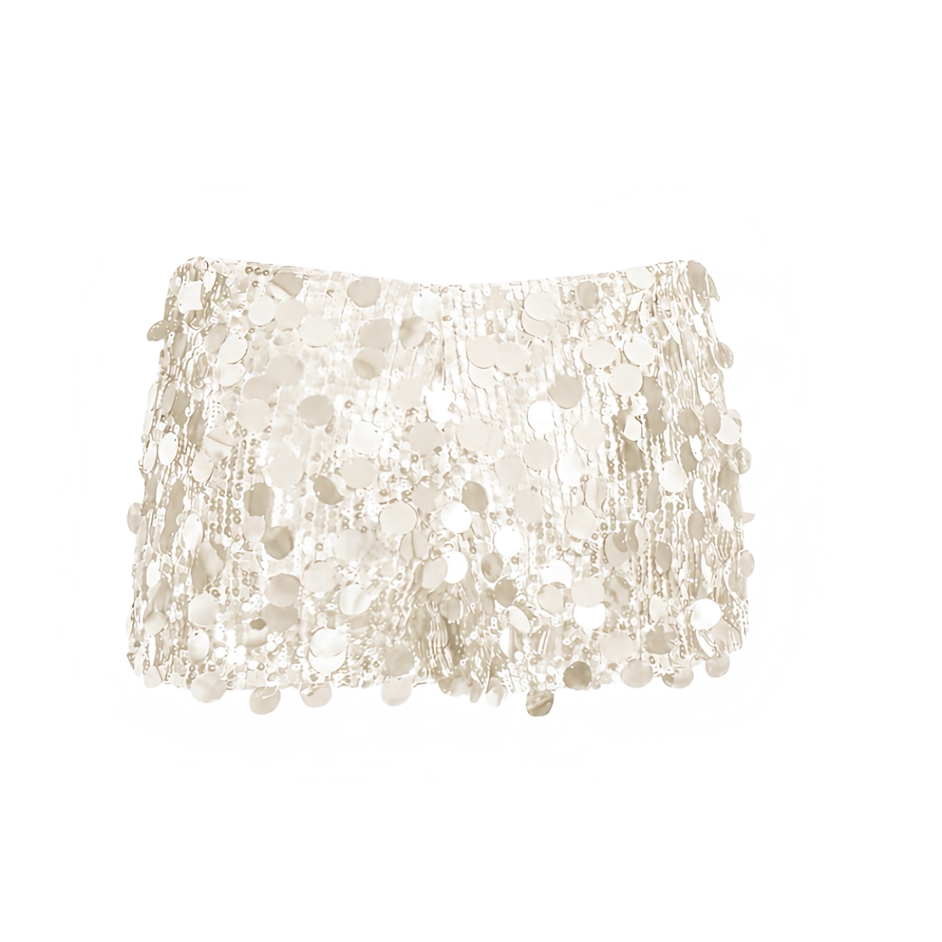 Cream white sequin embellished low-rise micro shorts in cream white, off white and pearl white with sparkly, shimmery, glittery, sequined and beaded detailing. Slim fit bodycon skinny fit low-rise low-waisted short shorts, micro shorts, mini shorts and hot pants for women, teens and ladies. Perfect for Y2K style, 2000s fashion, party outfits, night out outfits, club wear, disco outfits, rave shorts, festival outfits, concert outfits, Ibiza style, baddie outfits, star girl aesthetic, mermaidcore.