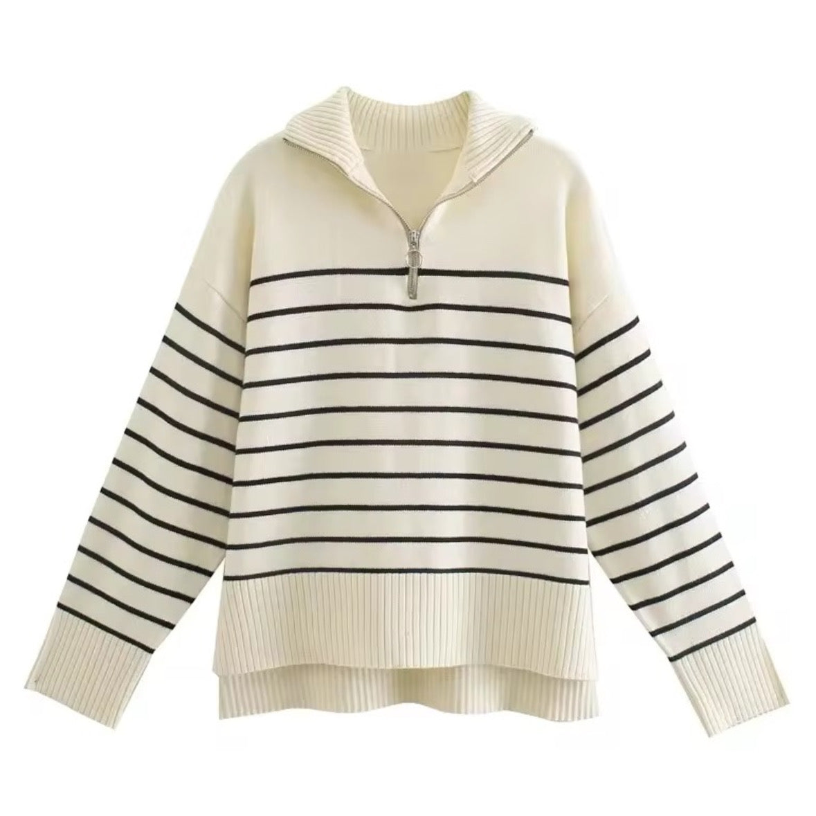 Cream white striped knitted quarter-zip pullover sweater for women and teens, soft ivory ribbed chunky knit with silver zipper and collared neckline, cozy oversized warm knitwear perfect for fall autumn winter 2025, elegant Scandinavian coastal granddaughter style inspired by Zara and Aritzia dupe sweaters, preppy chic fashion shipping globally worldwide to US, UK, Canada, Europe, Australia, and Asia.