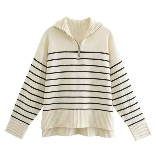 Cream white striped knitted quarter-zip pullover sweater for women and teens, soft ivory ribbed chunky knit with silver zipper and collared neckline, cozy oversized warm knitwear perfect for fall autumn winter 2025, elegant Scandinavian coastal granddaughter style inspired by Zara and Aritzia dupe sweaters, preppy chic fashion shipping globally worldwide to US, UK, Canada, Europe, Australia, and Asia.