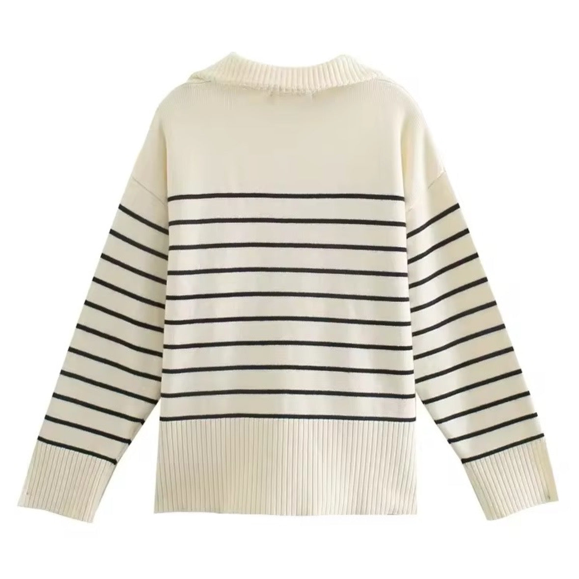 Cream white striped knitted quarter-zip pullover sweater for women and teens, soft ivory ribbed chunky knit with silver zipper and collared neckline, cozy oversized warm knitwear perfect for fall autumn winter 2025, elegant Scandinavian coastal granddaughter style inspired by Zara and Aritzia dupe sweaters, preppy chic fashion shipping globally worldwide to US, UK, Canada, Europe, Australia, and Asia.