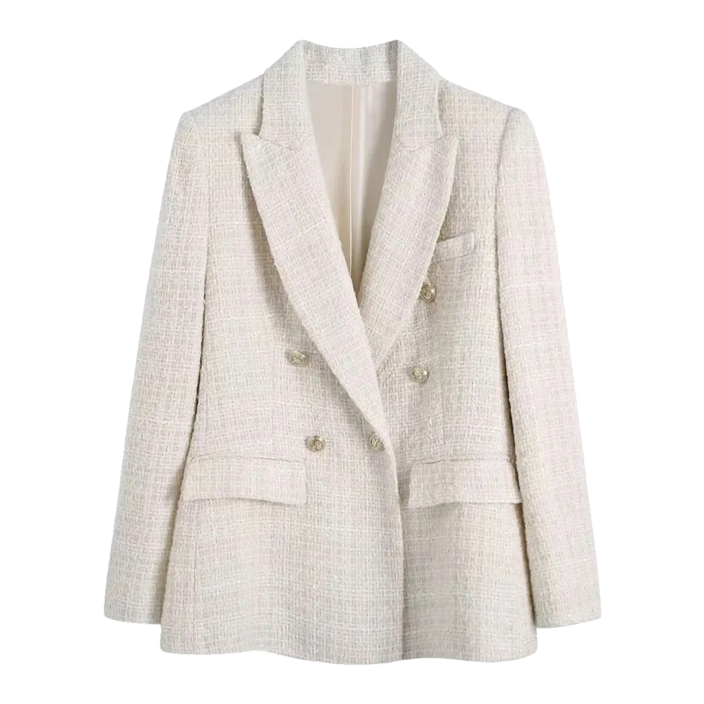 Cream White Tweed Tailored Long Sleeve Blazer Jacket featuring a structured oversized fit, double-breasted design, satin lining, collared neckline, and front flap pockets. Elegant neutral outerwear for women and teens. Perfect for fall, autumn, and winter 2025 fashion. Ships globally and worldwide to the US, UK, Canada, Australia, Europe, and Asia.