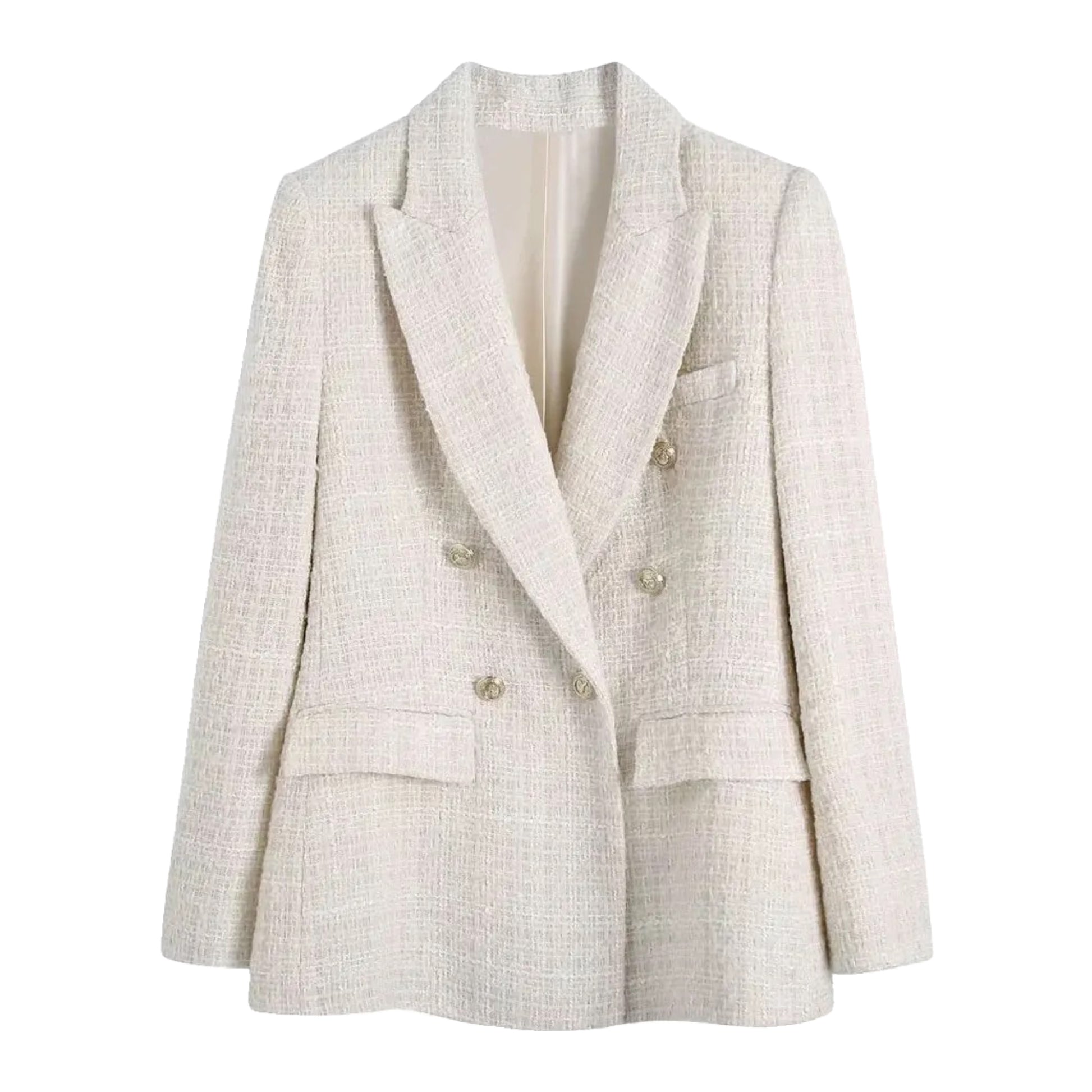 Cream White Tweed Tailored Long Sleeve Blazer Jacket featuring a structured oversized fit, double-breasted design, satin lining, collared neckline, and front flap pockets. Elegant neutral outerwear for women and teens. Perfect for fall, autumn, and winter 2025 fashion. Ships globally and worldwide to the US, UK, Canada, Australia, Europe, and Asia.