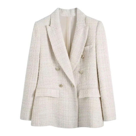 Cream White Tweed Tailored Long Sleeve Blazer Jacket featuring a structured oversized fit, double-breasted design, satin lining, collared neckline, and front flap pockets. Elegant neutral outerwear for women and teens. Perfect for fall, autumn, and winter 2025 fashion. Ships globally and worldwide to the US, UK, Canada, Australia, Europe, and Asia.