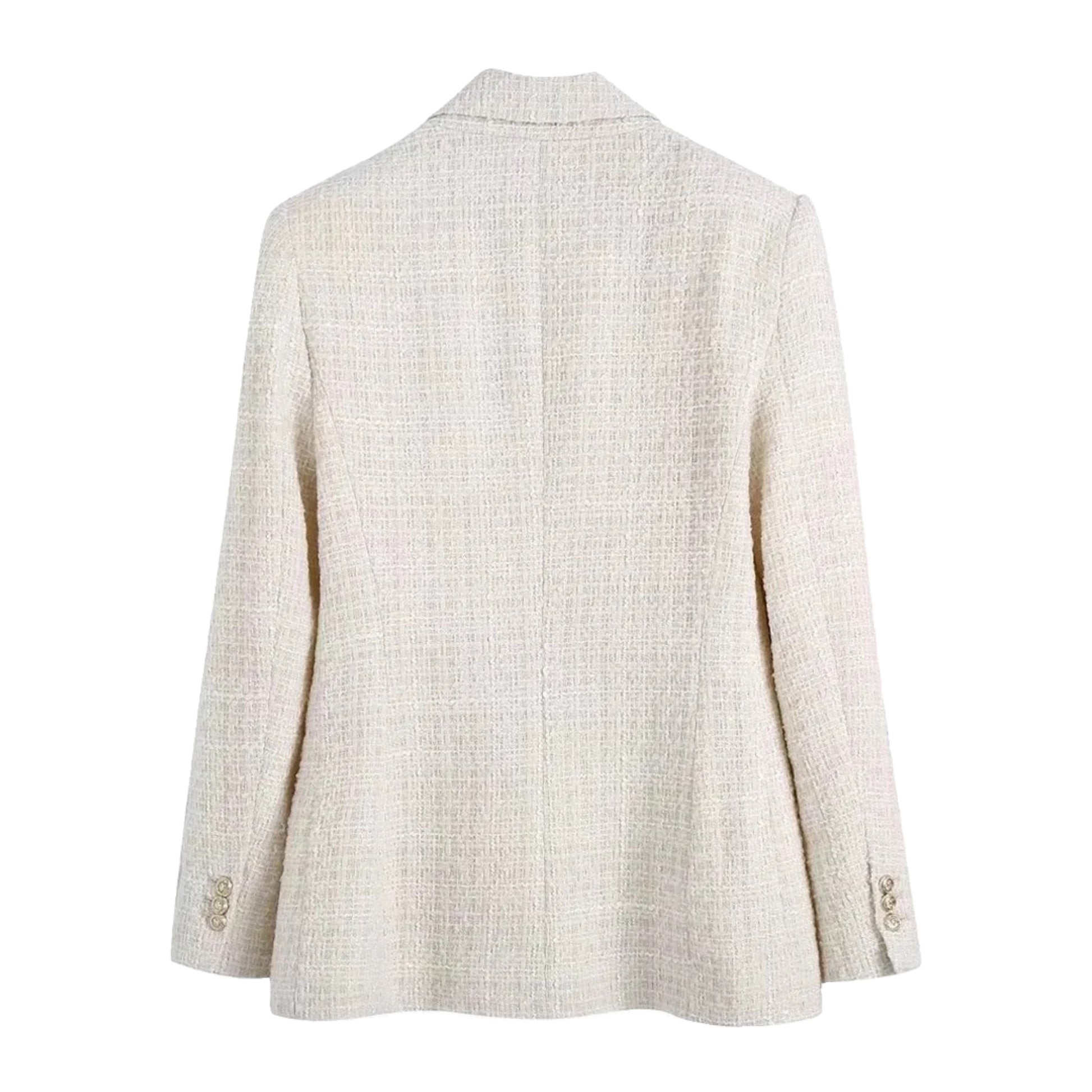 Cream White Tweed Tailored Long Sleeve Blazer Jacket featuring a structured oversized fit, double-breasted design, satin lining, collared neckline, and front flap pockets. Elegant neutral outerwear for women and teens. Perfect for fall, autumn, and winter 2025 fashion. Ships globally and worldwide to the US, UK, Canada, Australia, Europe, and Asia.