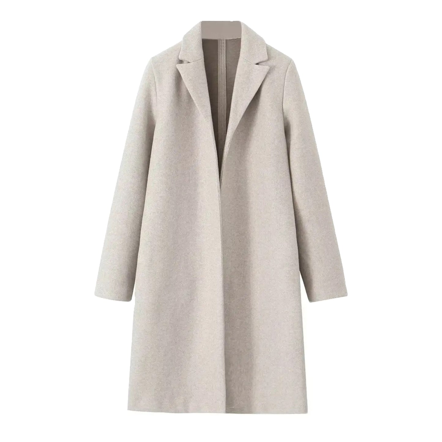 Cream white oversized wool trench coat for women with wide lapel collar, long sleeves, soft warm wool-blend insulation, relaxed tailored minimalist silhouette, elegant clean girl and old money style outerwear for fall and winter fashion, shipped globally to US, UK, Canada, Australia, Europe, and international destinations.