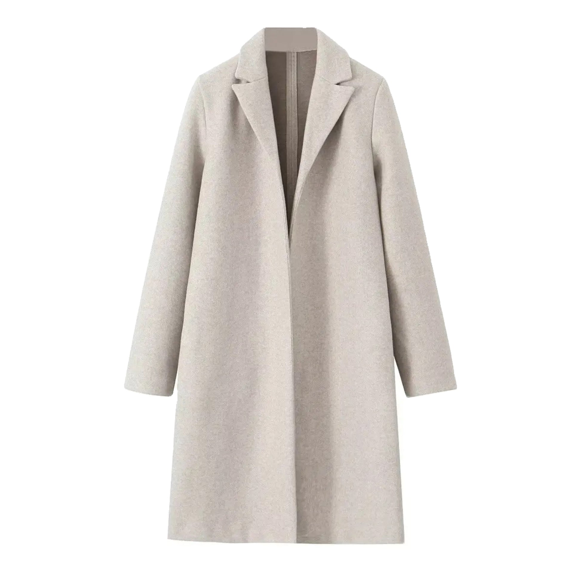 Cream white oversized wool trench coat for women with wide lapel collar, long sleeves, soft warm wool-blend insulation, relaxed tailored minimalist silhouette, elegant clean girl and old money style outerwear for fall and winter fashion, shipped globally to US, UK, Canada, Australia, Europe, and international destinations.