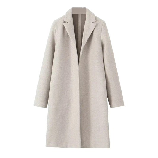 Cream white oversized wool trench coat for women with wide lapel collar, long sleeves, soft warm wool-blend insulation, relaxed tailored minimalist silhouette, elegant clean girl and old money style outerwear for fall and winter fashion, shipped globally to US, UK, Canada, Australia, Europe, and international destinations.