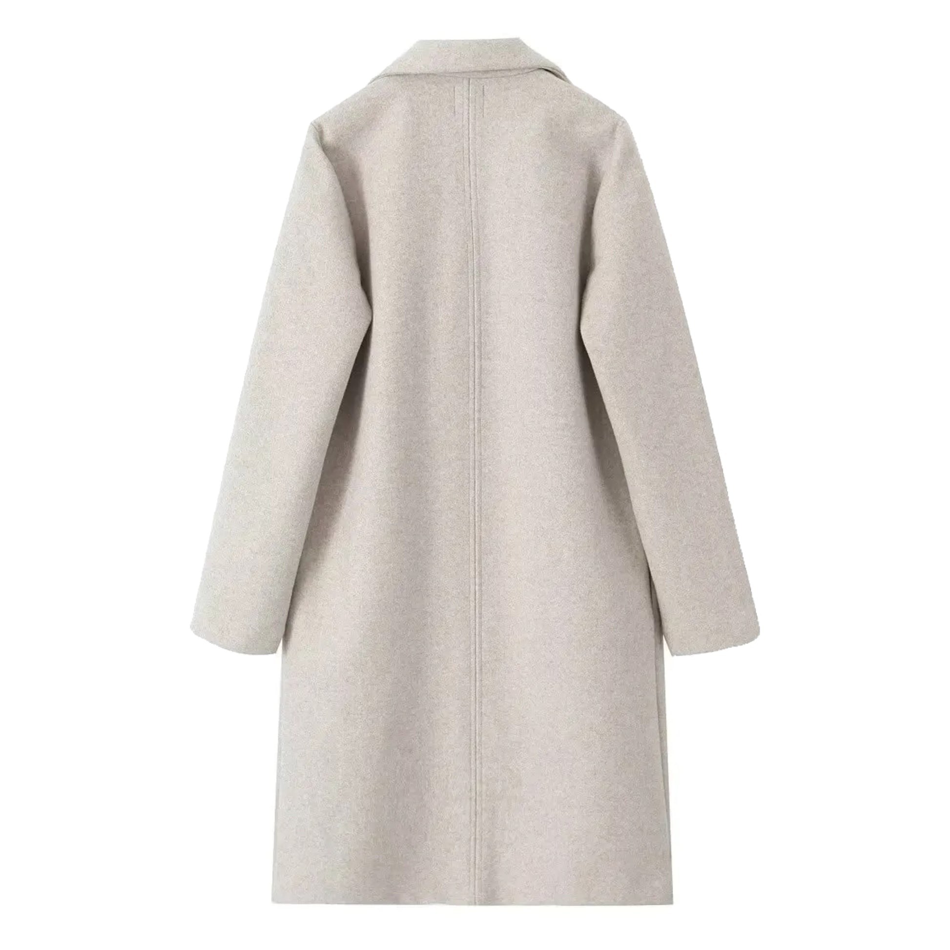 Cream white oversized wool trench coat for women with wide lapel collar, long sleeves, soft warm wool-blend insulation, relaxed tailored minimalist silhouette, elegant clean girl and old money style outerwear for fall and winter fashion, shipped globally to US, UK, Canada, Australia, Europe, and international destinations.