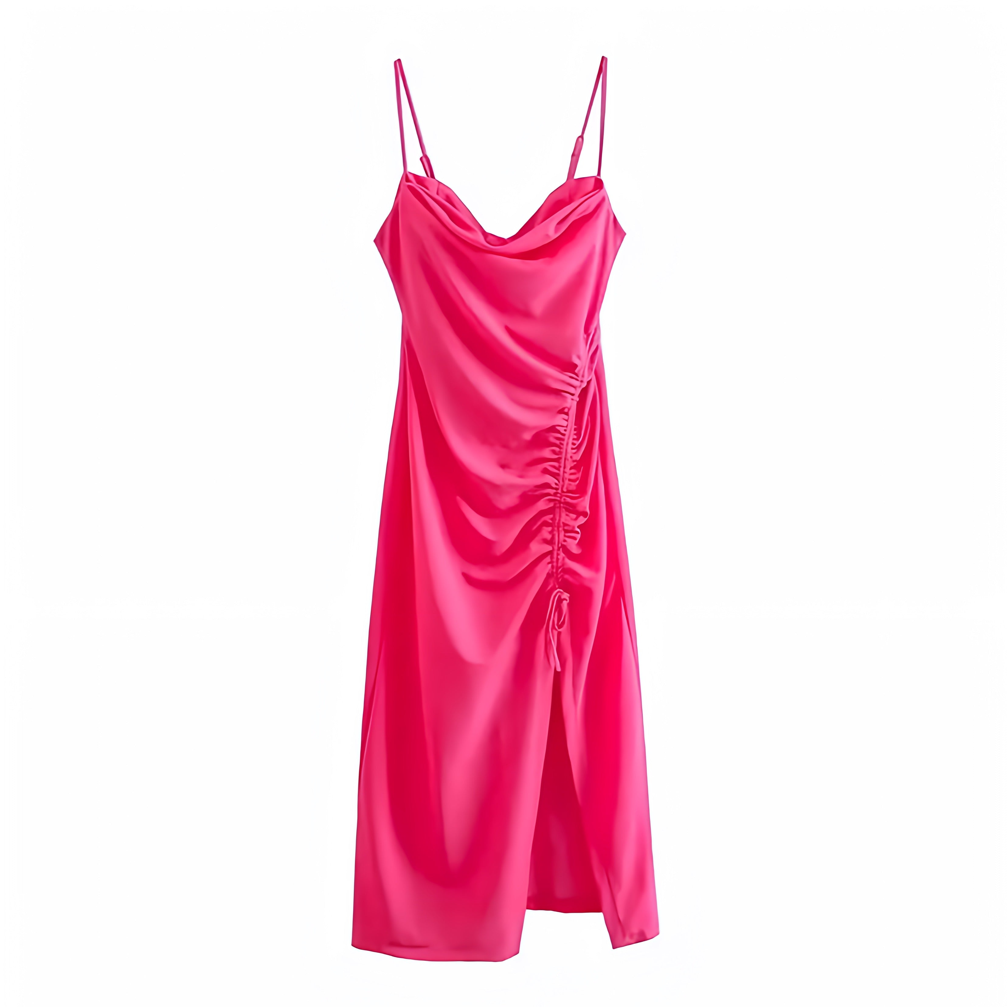 Women's Hot Pink Bodycon Ruched Spaghetti Strap Slit Maxi Dress | 2024 ...