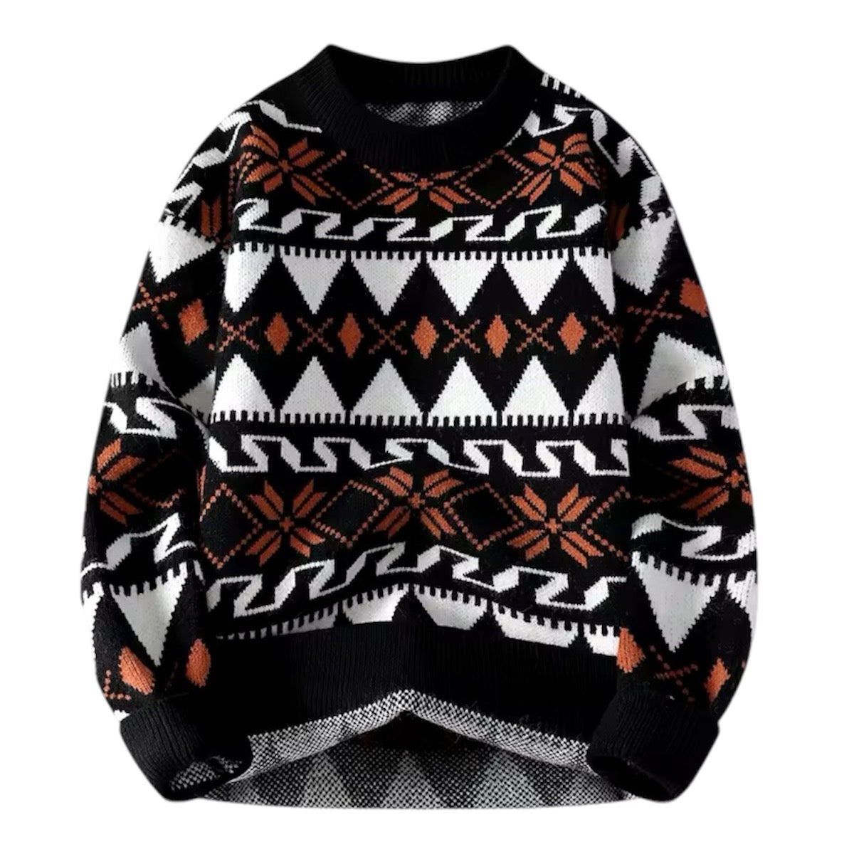 Black Knit Geometric Snowflake Long Sleeve Pullover Sweater