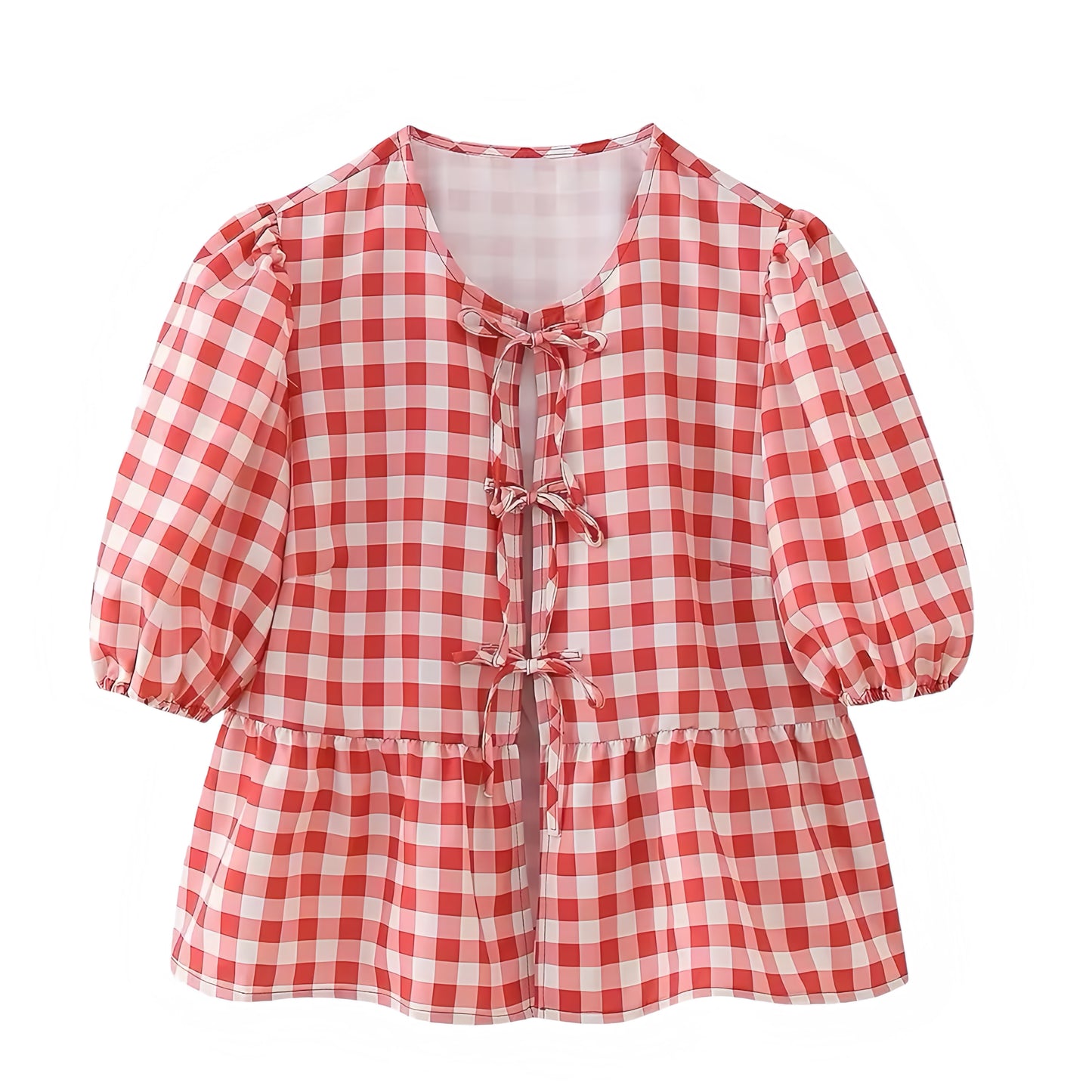 Red Gingham Bow Lace Up Short Puff Sleeve Camisole Blouse Top