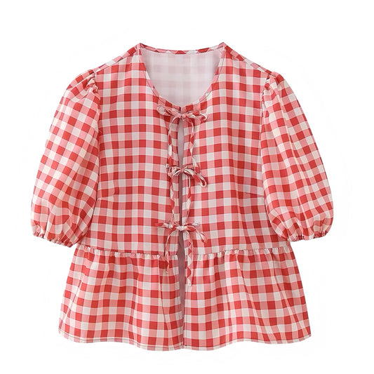 Red Gingham Bow Lace Up Short Puff Sleeve Camisole Blouse Top