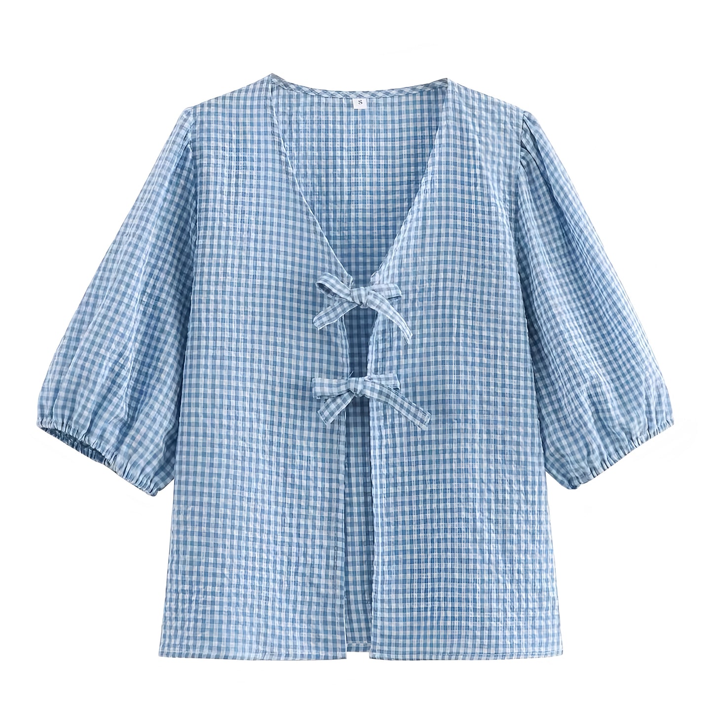 Light Blue Gingham Bow Lace Up Short Puff Sleeve Blouse Top